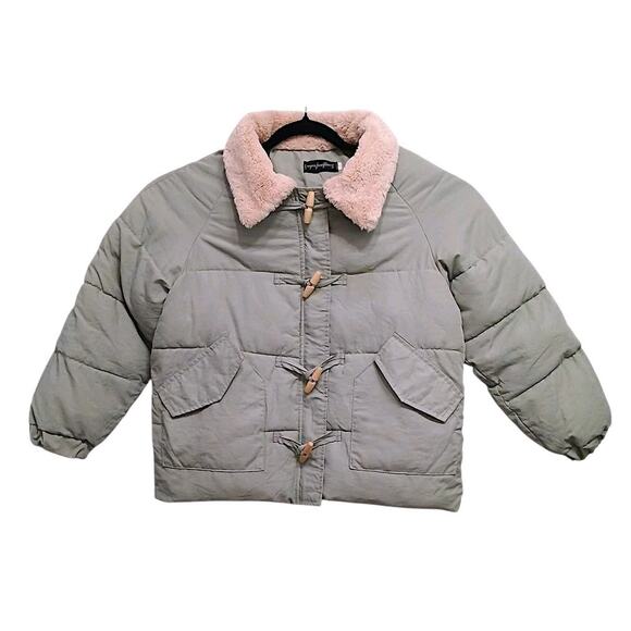 Quilted Puffer Cropped Jacket Sz M Light Sage Green Toggle Buttons Fleece Collar - Picture 3 of 16